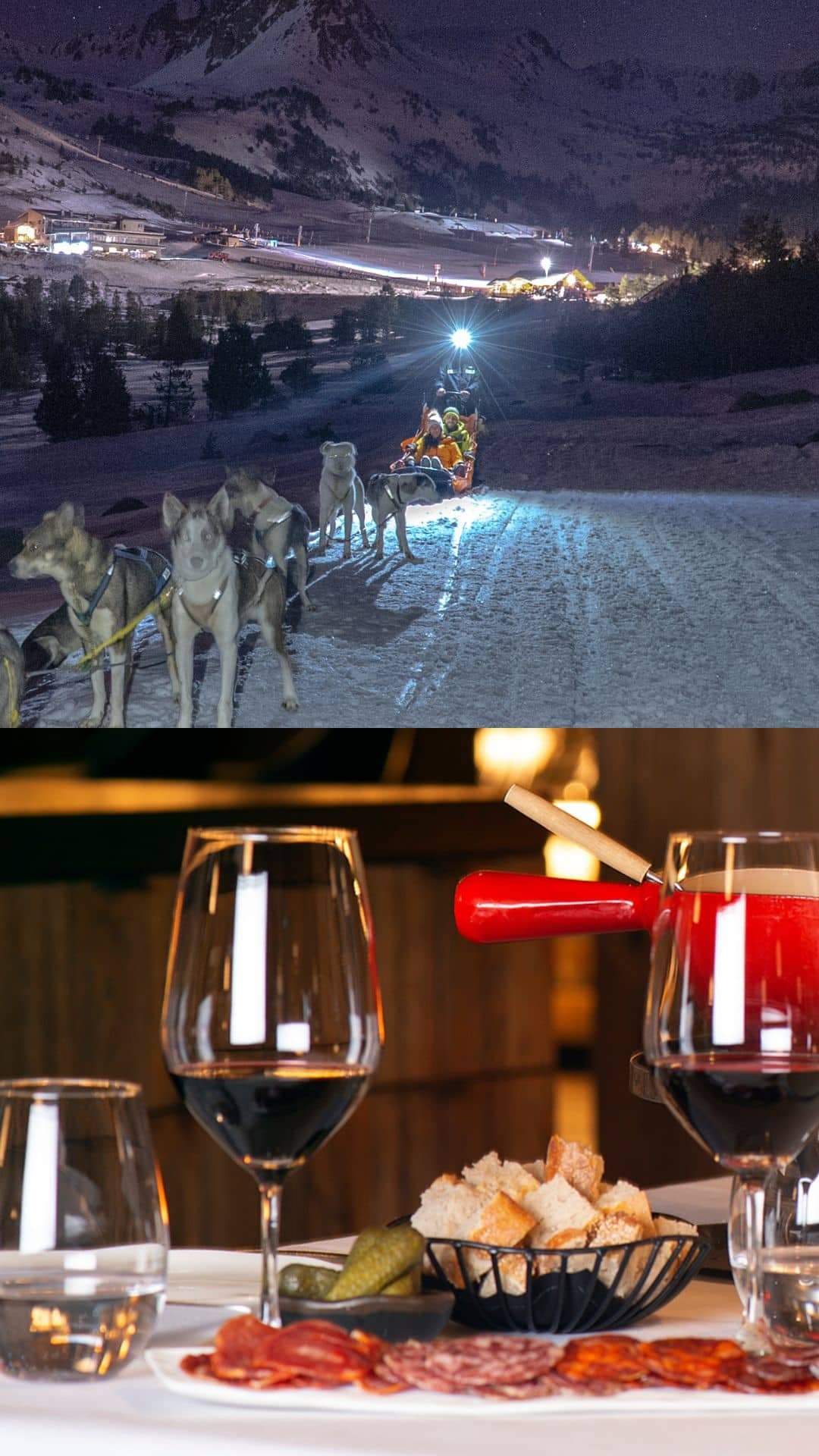 Andorra: PACK Ruta en mushing NOCTURNA de 10km + cena – Grau Roig